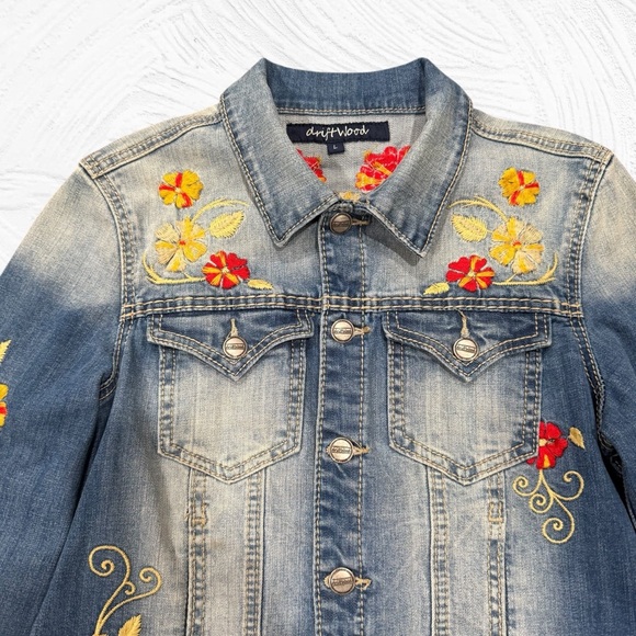 DRIFTWOOD Embroidered Denim Jacket Jean floral Jean Large Stretch - Picture 2 of 7